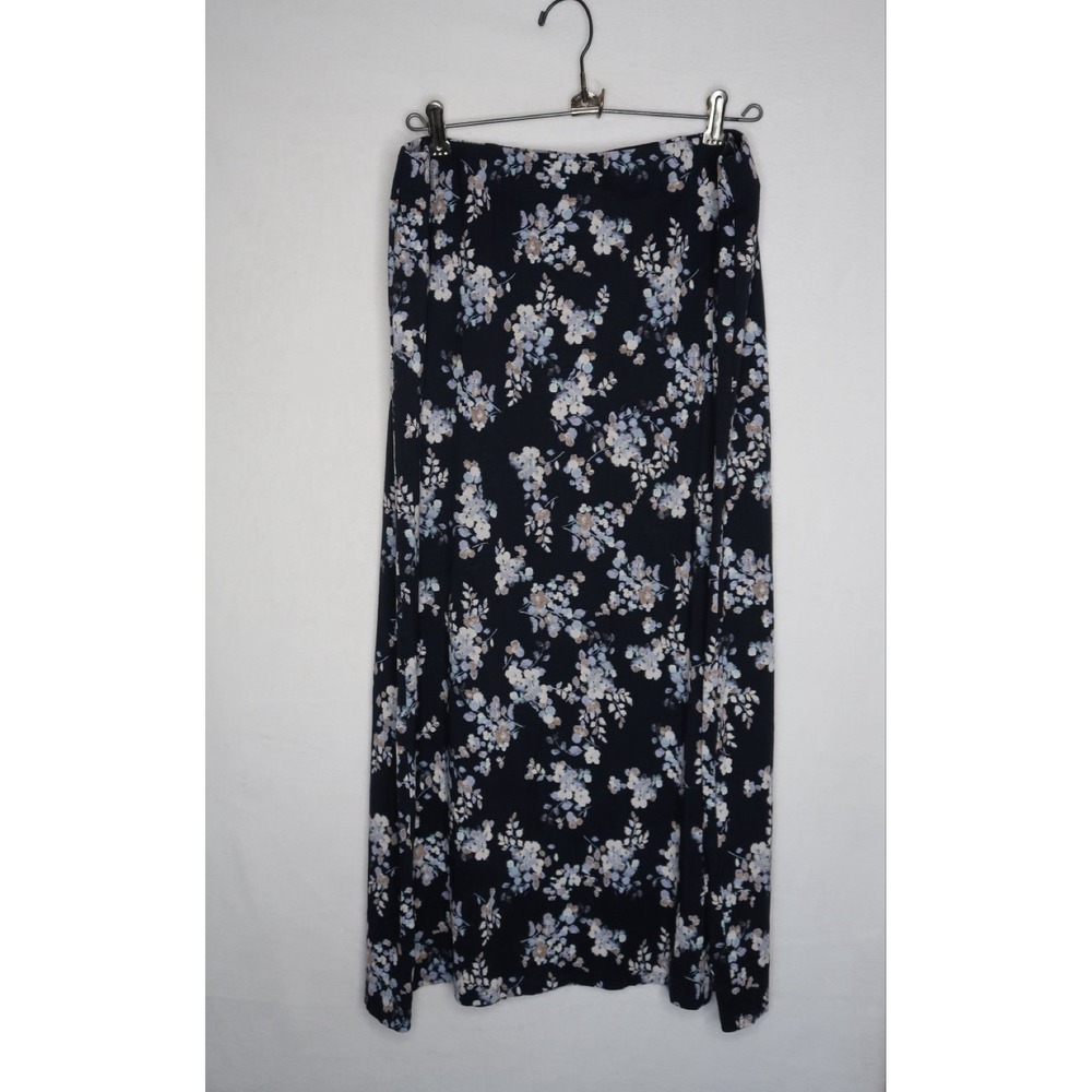 J Jill Floral Pull On Maxi Skirt Petite Medium Navy Blue Boho Cottagecore EUC